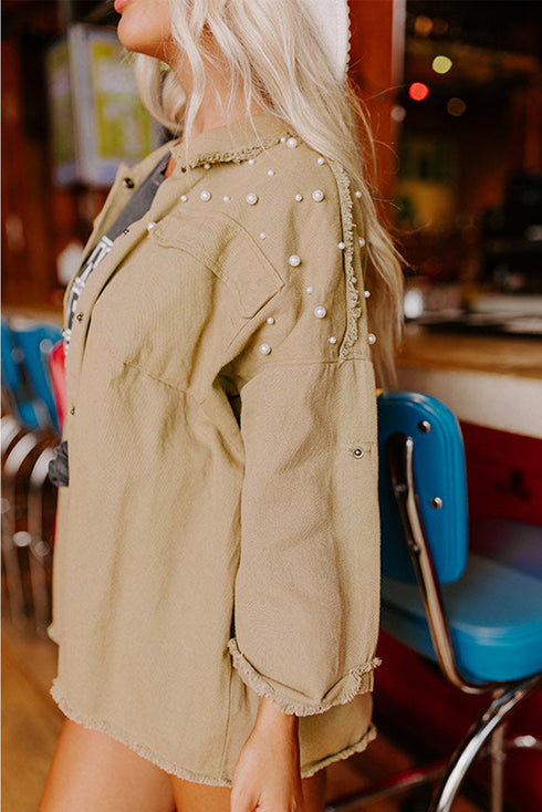 Pearl Beaded Raw Hem Button Up Denim Jacket